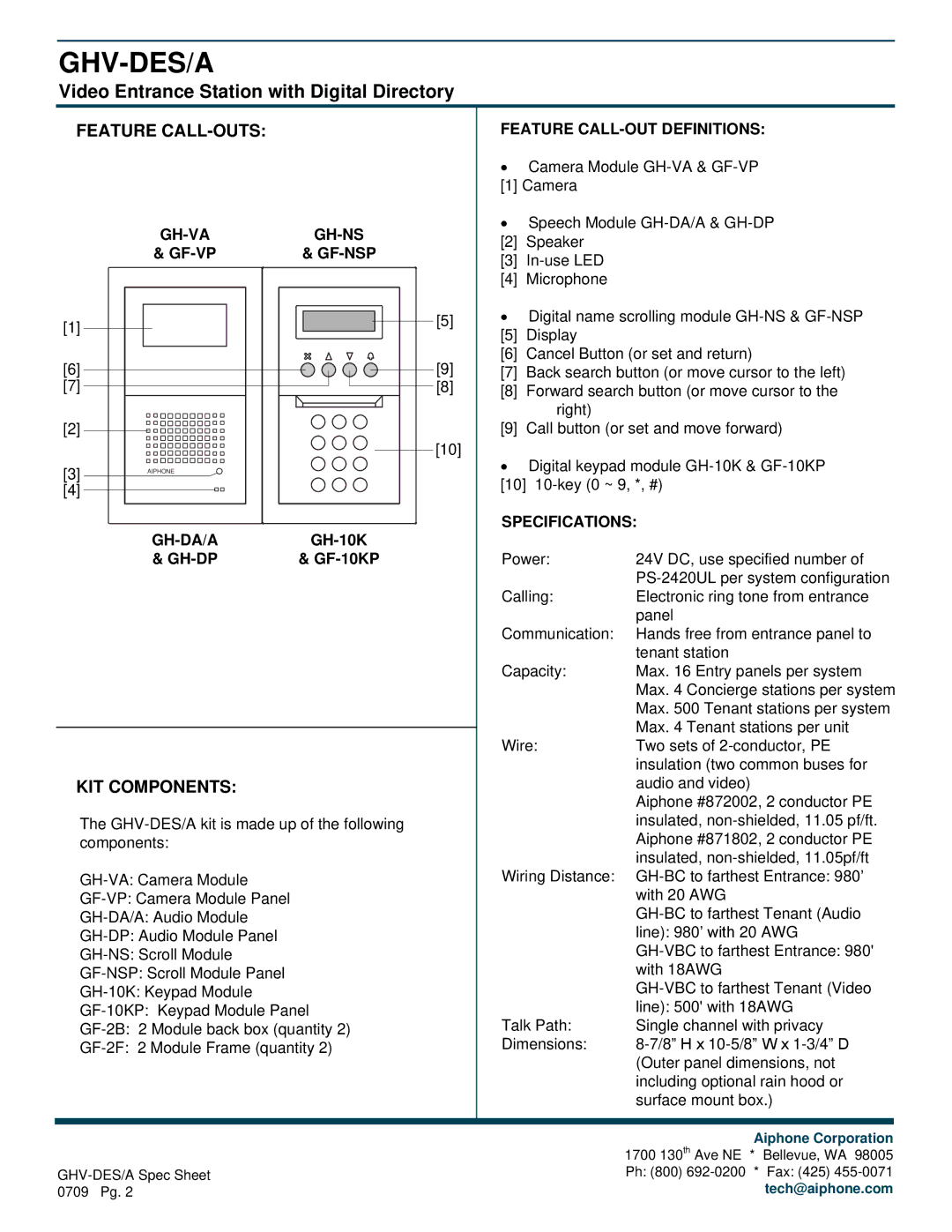 Aiphone GHV-DES/A manual Feature CALL-OUTS, KIT Components 