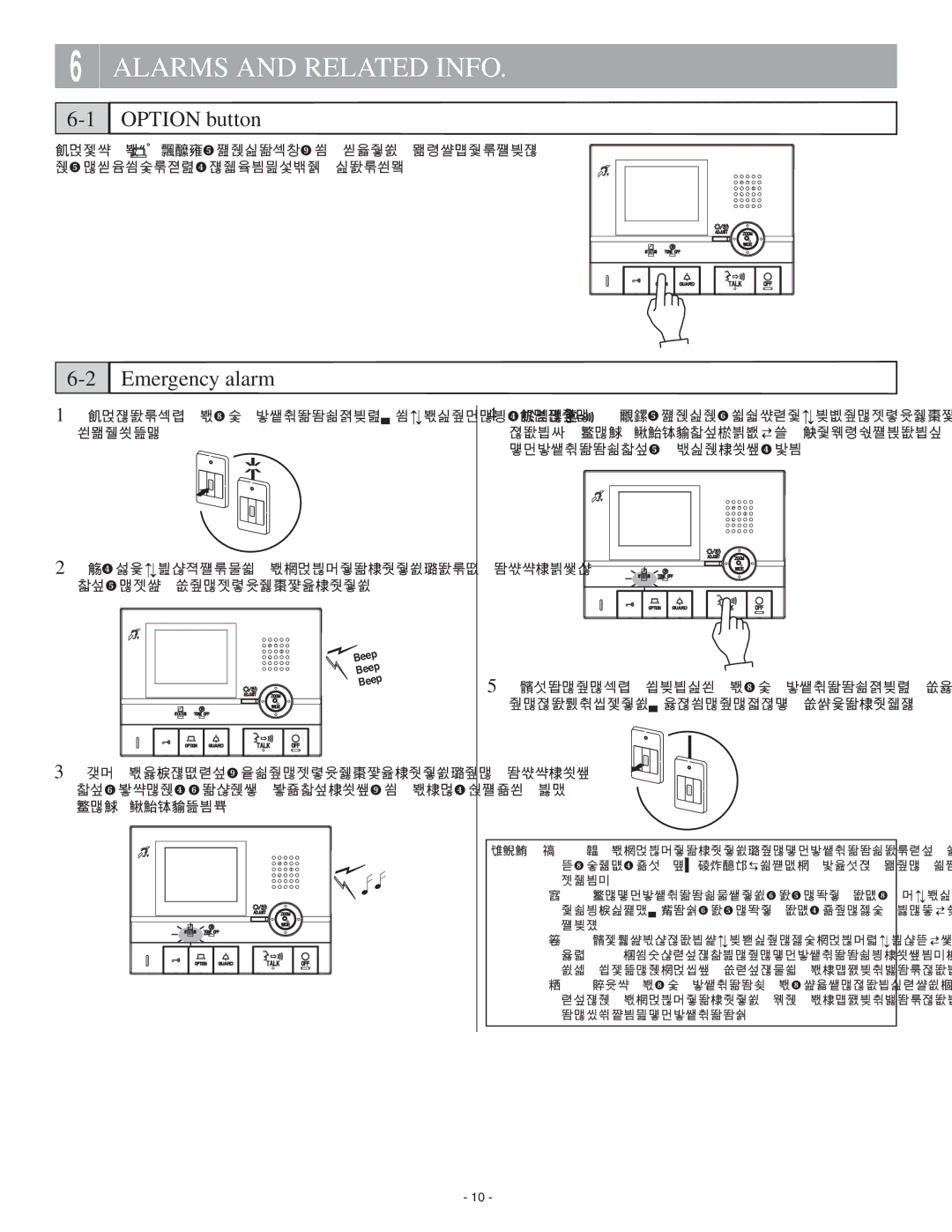 Aiphone GT-1C-L operation manual Alarms and Related Info, Option button, Emergency alarm 