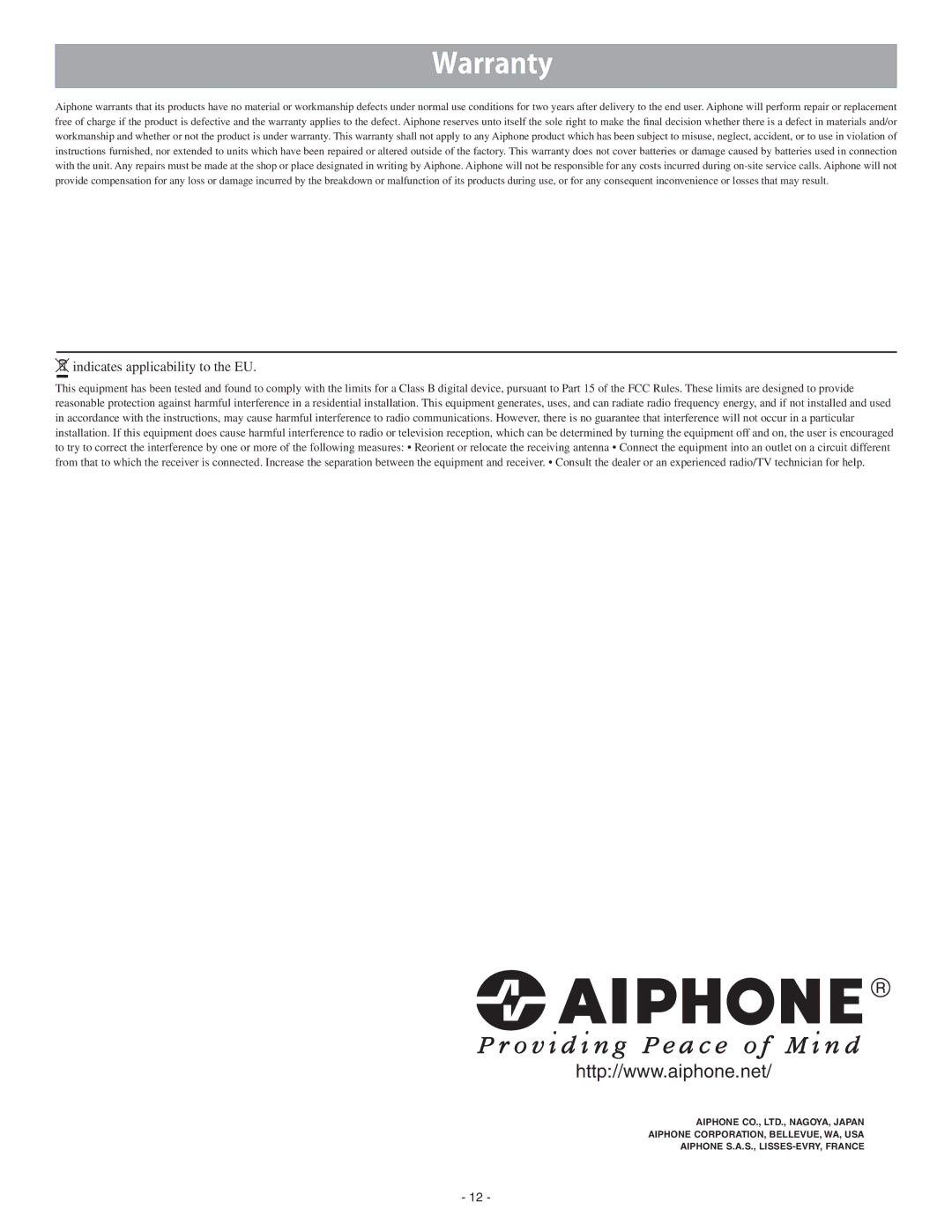 Aiphone GT-1C-L operation manual Indicates applicability to the EU 