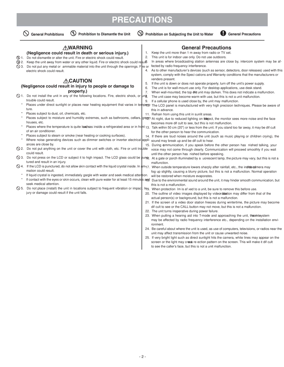 Aiphone GT-1C-L operation manual Precautions, Prohibition on Subjecting the Unit to Water 