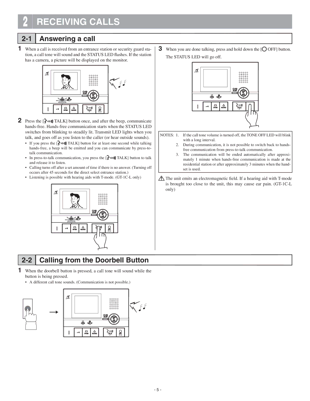 Aiphone GT-1C-L operation manual Receiving Calls, Answering a call, Calling from the Doorbell Button 