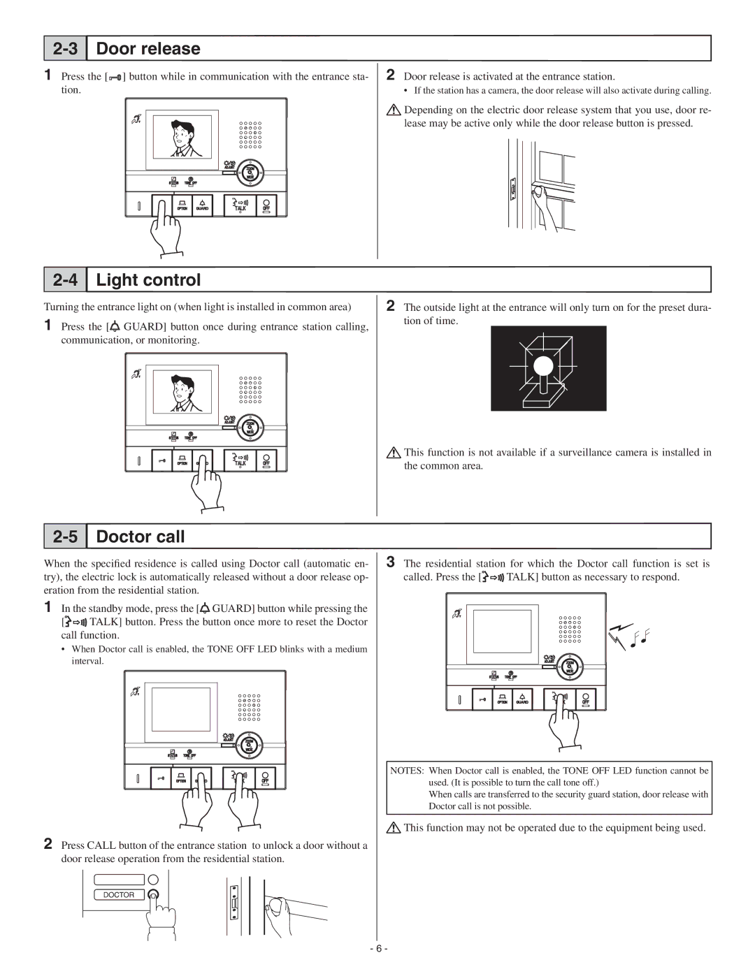 Aiphone GT-1C-L operation manual Door release, Light control, Doctor call 