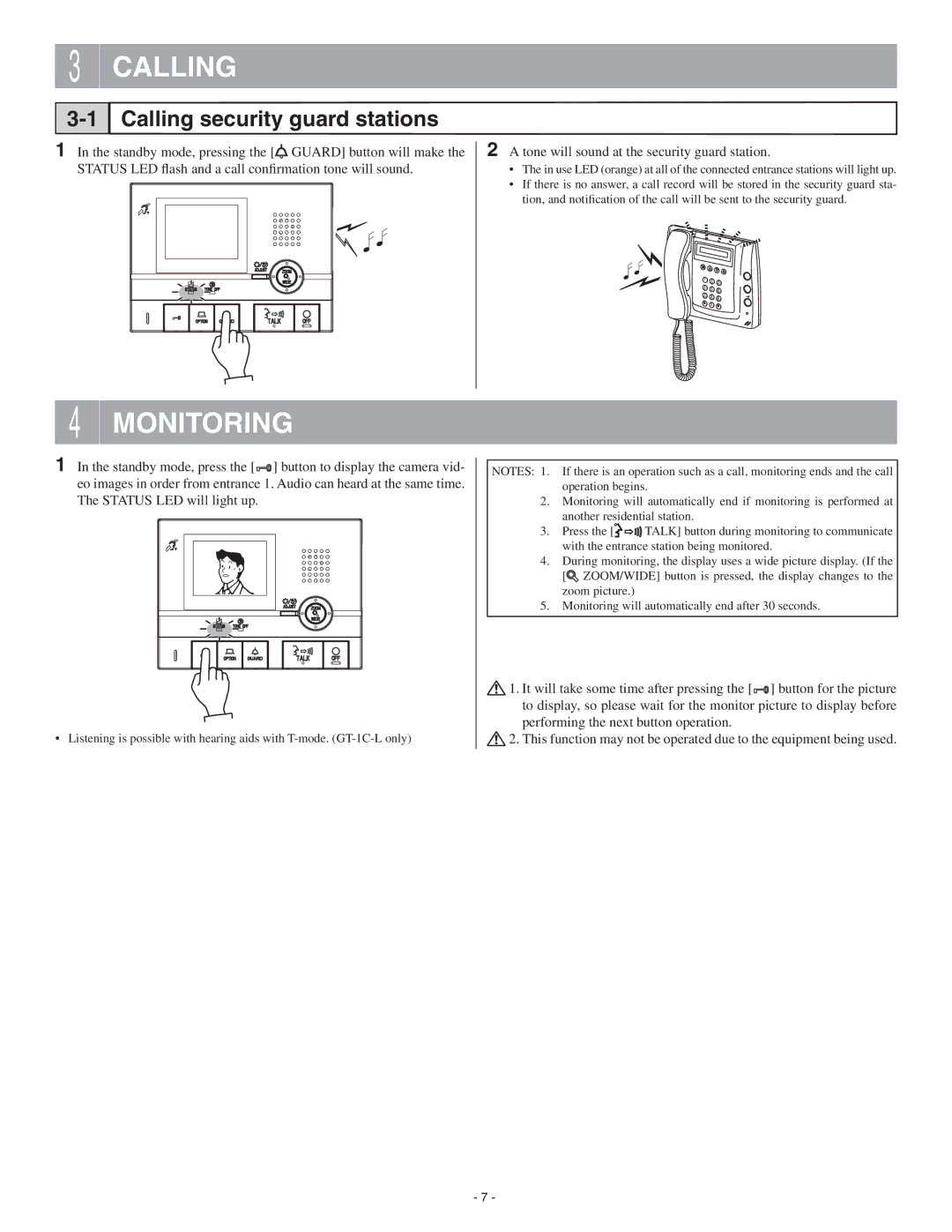 Aiphone GT-1C-L operation manual Monitoring, Calling security guard stations 