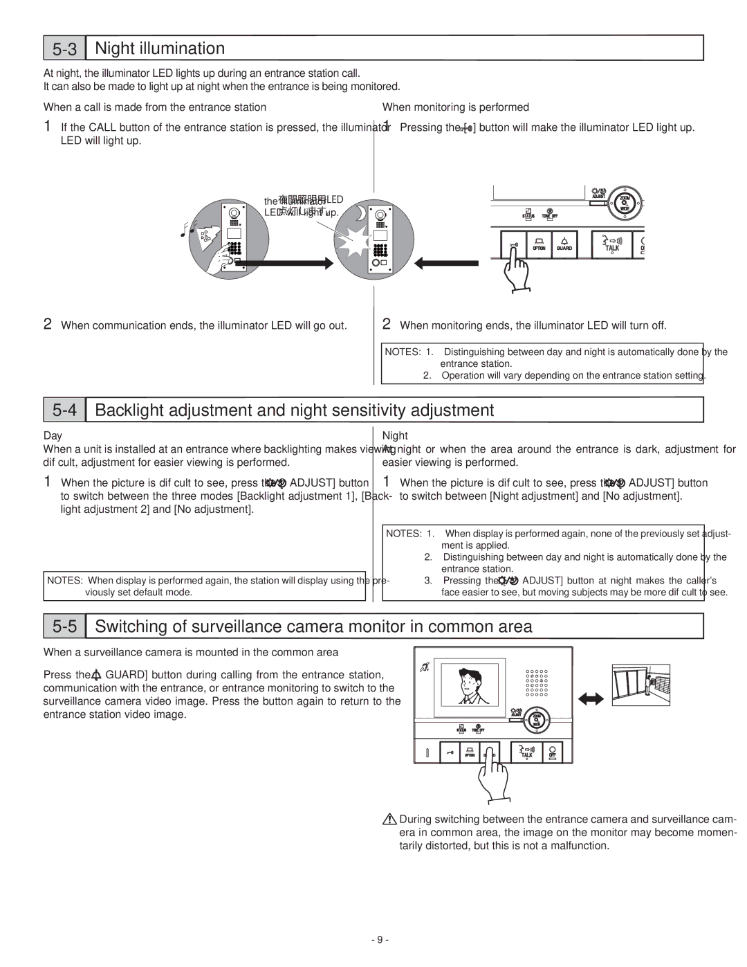 Aiphone GT-1C-L operation manual Night illumination, Backlight adjustment and night sensitivity adjustment 