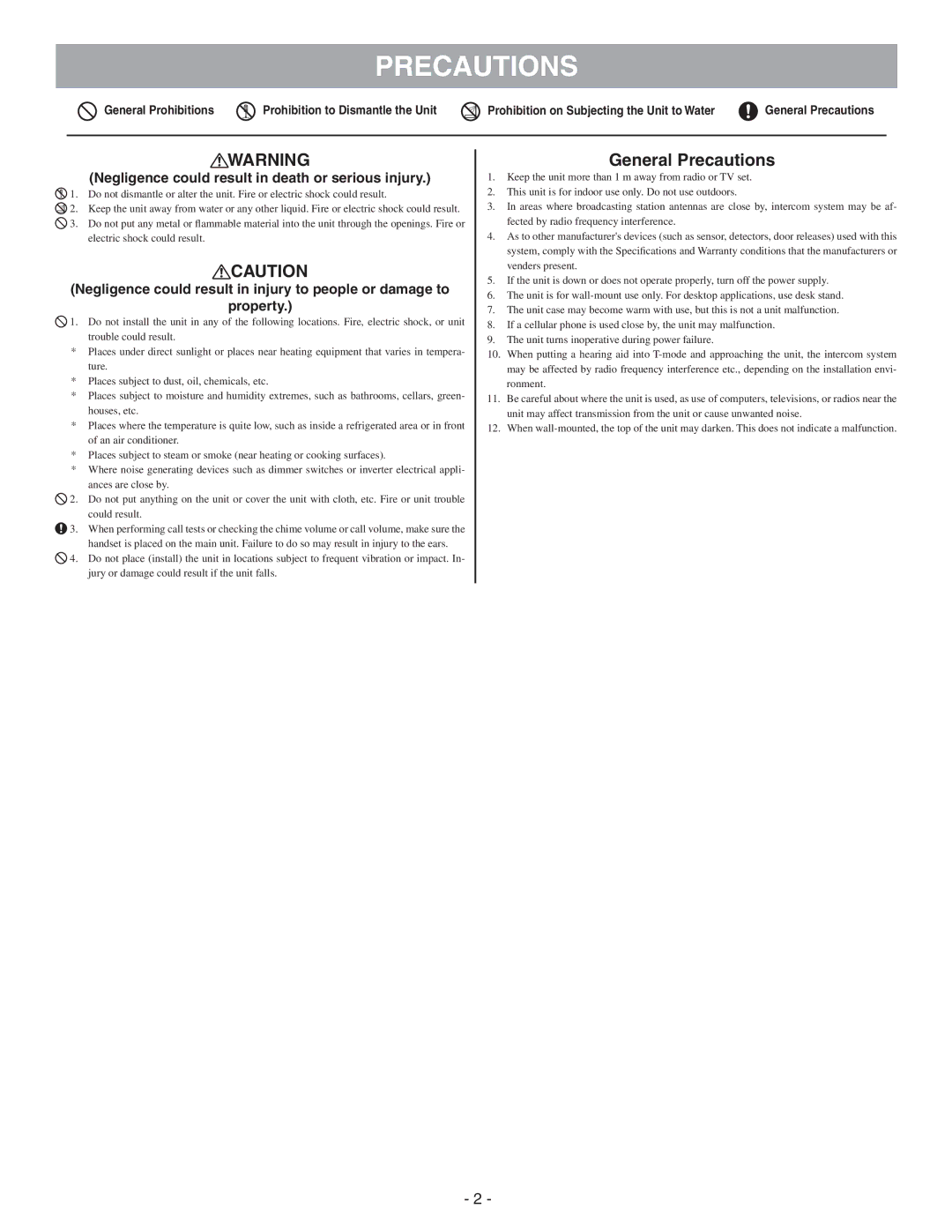 Aiphone GT-1D service manual General Precautions 