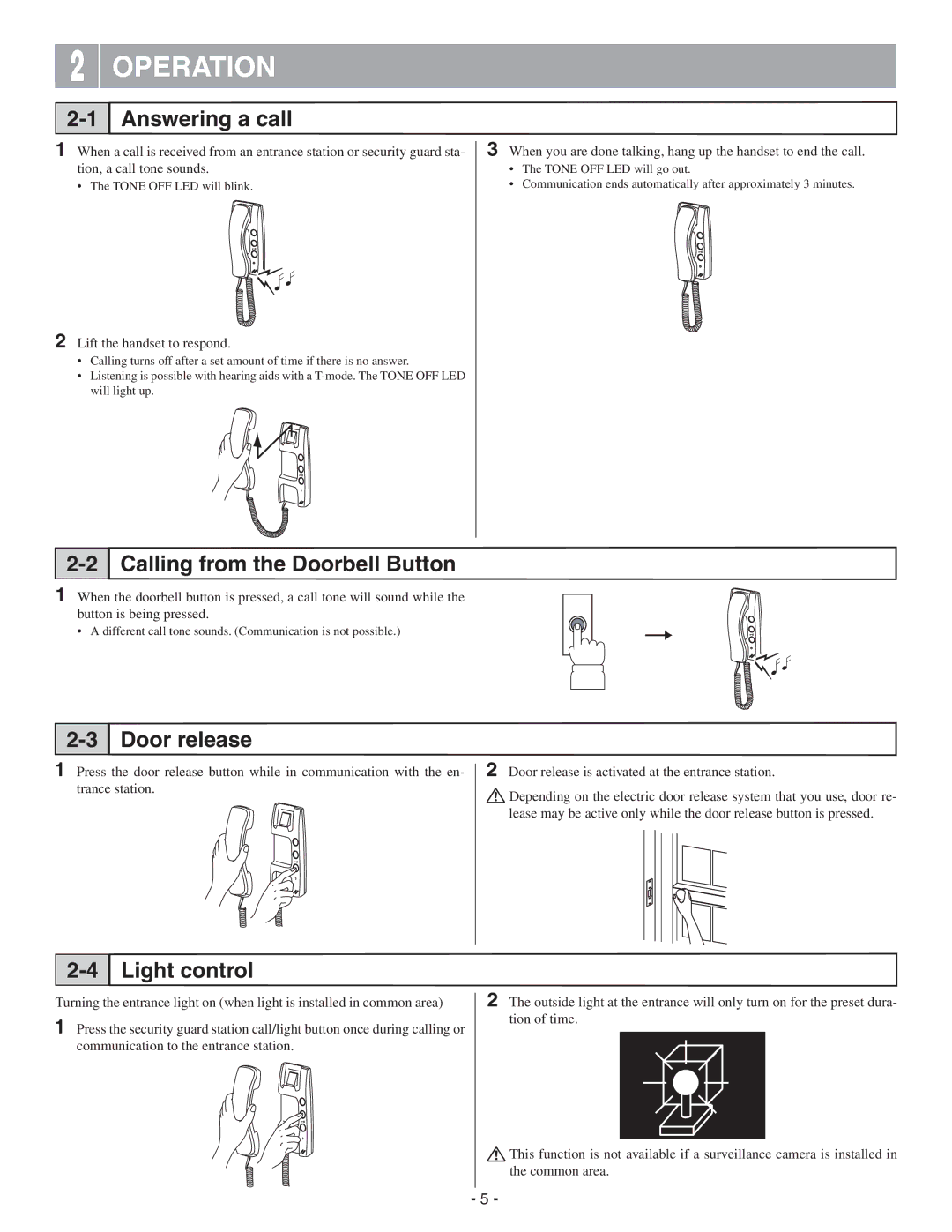 Aiphone GT-1D service manual Operation, Answering a call, Calling from the Doorbell Button, Door release, Light control 