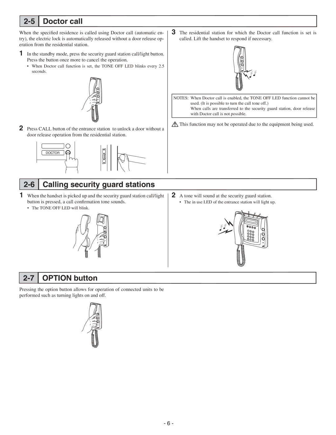 Aiphone GT-1D service manual Doctor call, Calling security guard stations, Option button 