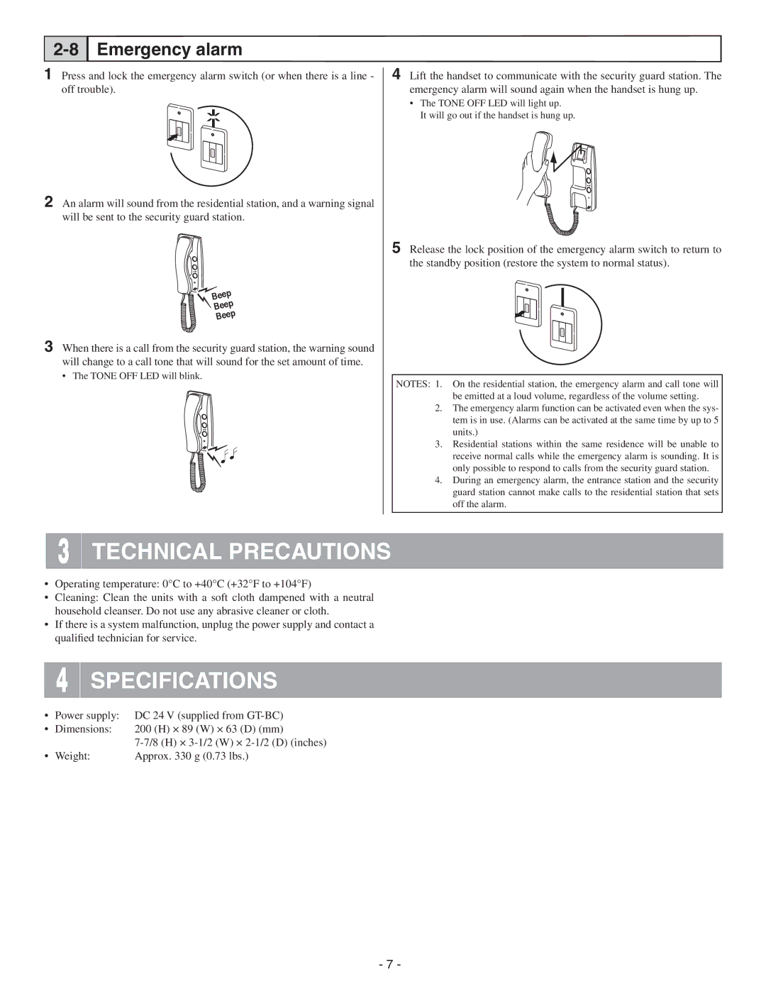 Aiphone GT-1D service manual Technical Precautions, Specifications, Emergency alarm 