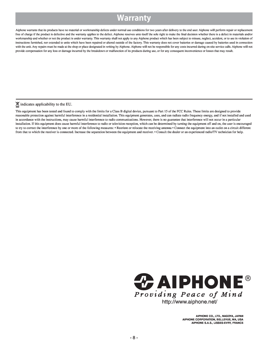 Aiphone GT-1D service manual indicates applicability to the EU, Aiphone Corporation, Bellevue, Wa, Usa 