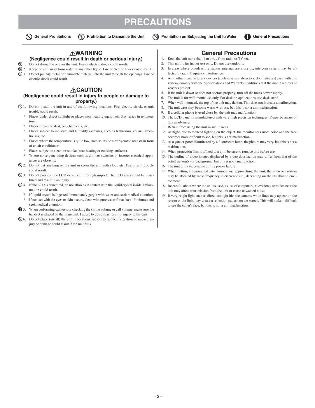 Aiphone GT-1M-L service manual General Precautions 