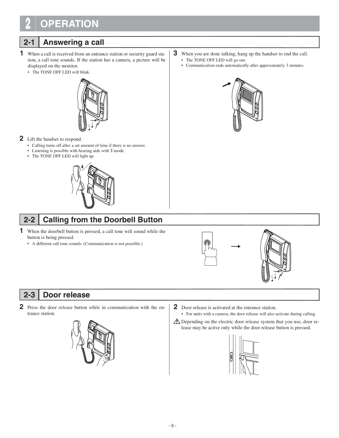 Aiphone GT-1M-L service manual Operation, Answering a call, Calling from the Doorbell Button, Door release 