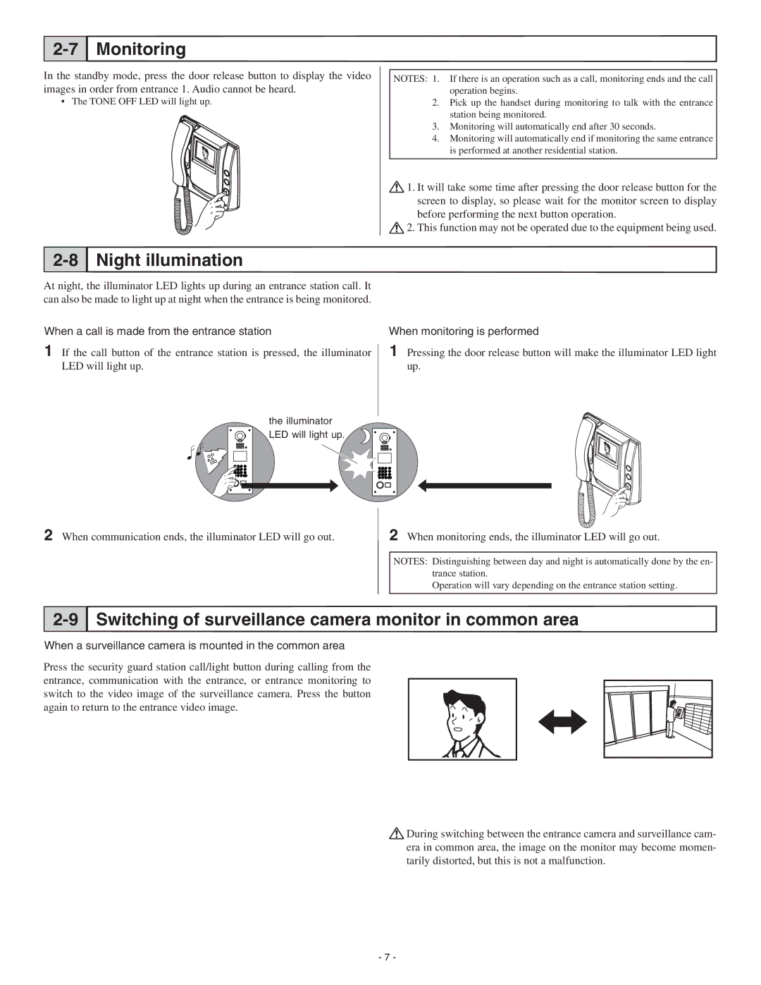 Aiphone GT-1M-L service manual Monitoring, Night illumination, Switching of surveillance camera monitor in common area 