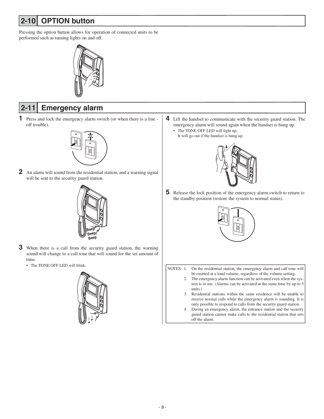 Aiphone GT-1M-L service manual Option button, Emergency alarm 