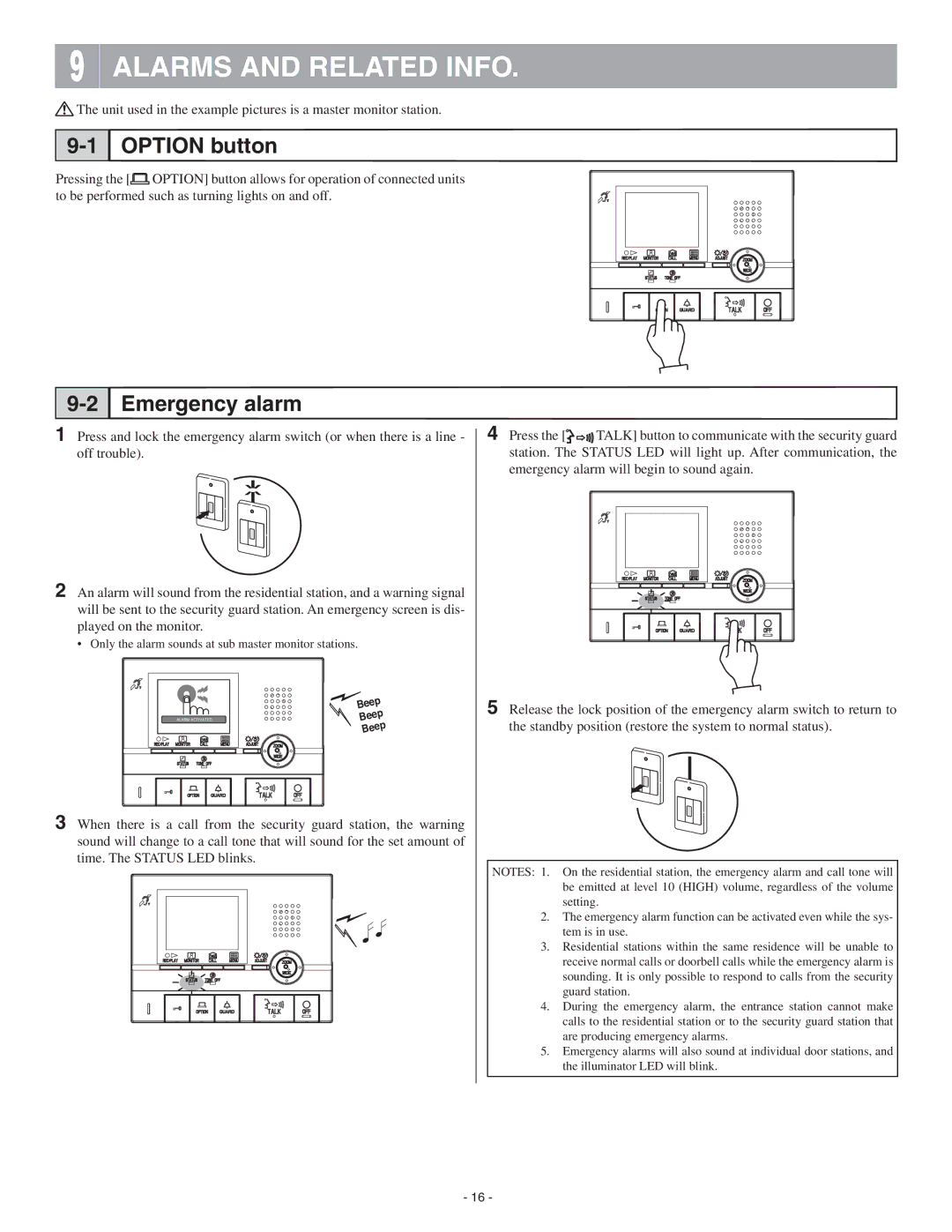 Aiphone GT-2C-L, GT-2H-L operation manual Alarms and Related Info, Option button, Emergency alarm 