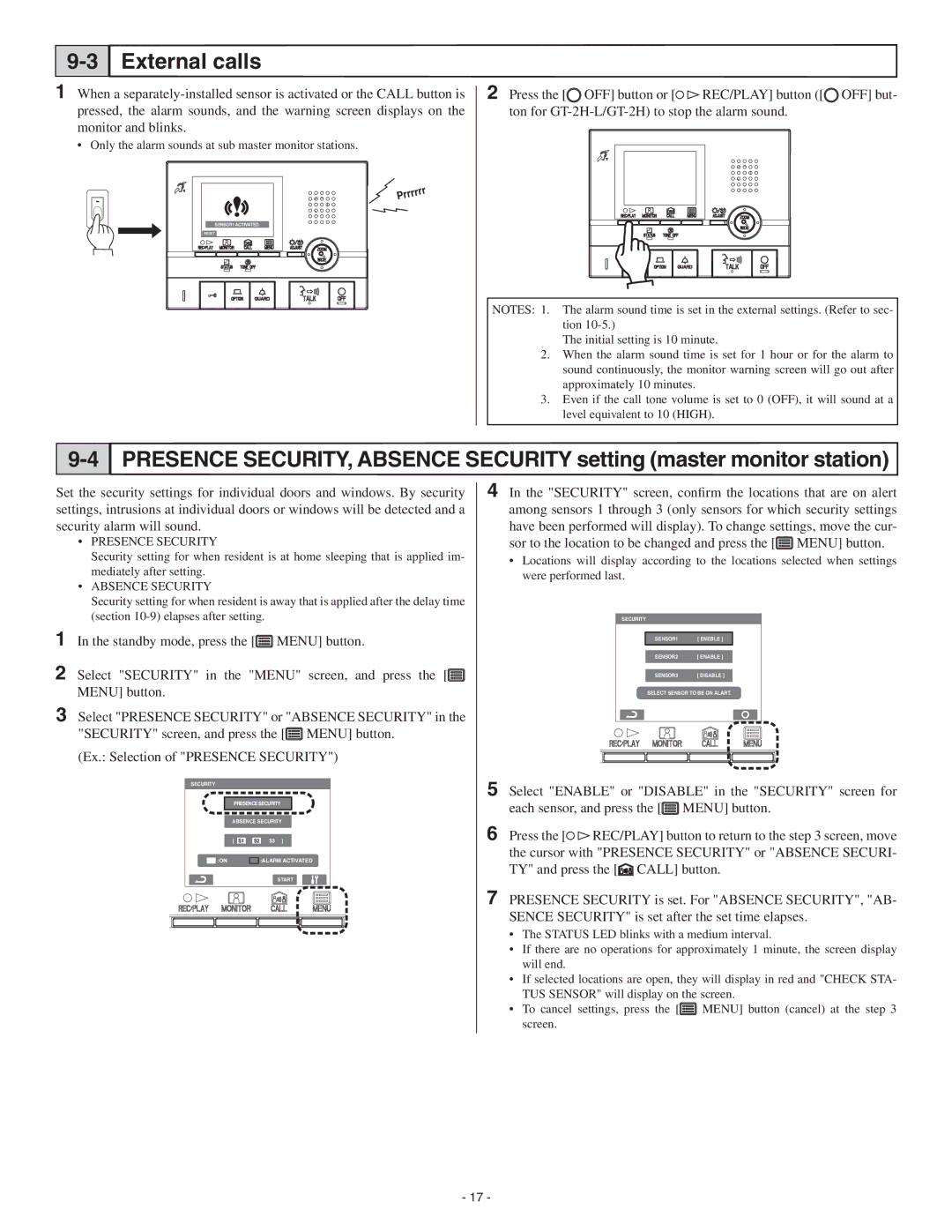 Aiphone GT-2C-L, GT-2H-L operation manual External calls, Presence Security 