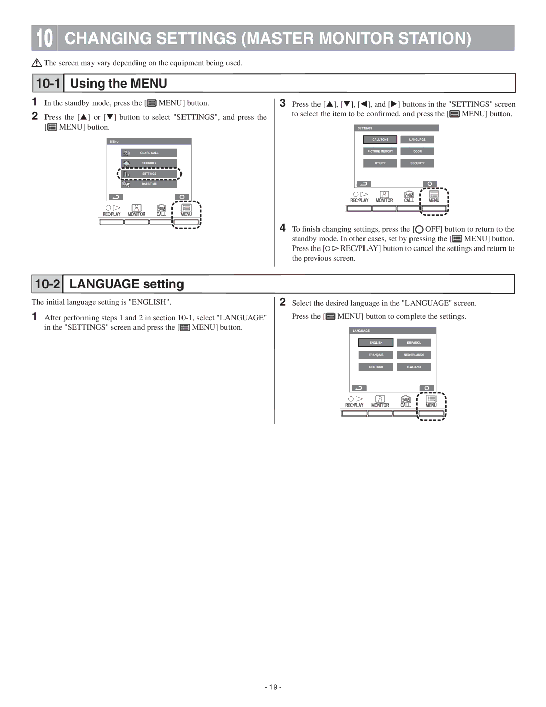 Aiphone GT-2C-L, GT-2H-L operation manual Changing Settings Master Monitor Station, Using the Menu, Language setting 