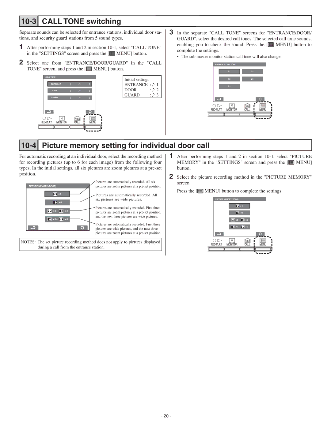 Aiphone GT-2C-L, GT-2H-L operation manual Call Tone switching, Picture memory setting for individual door call 