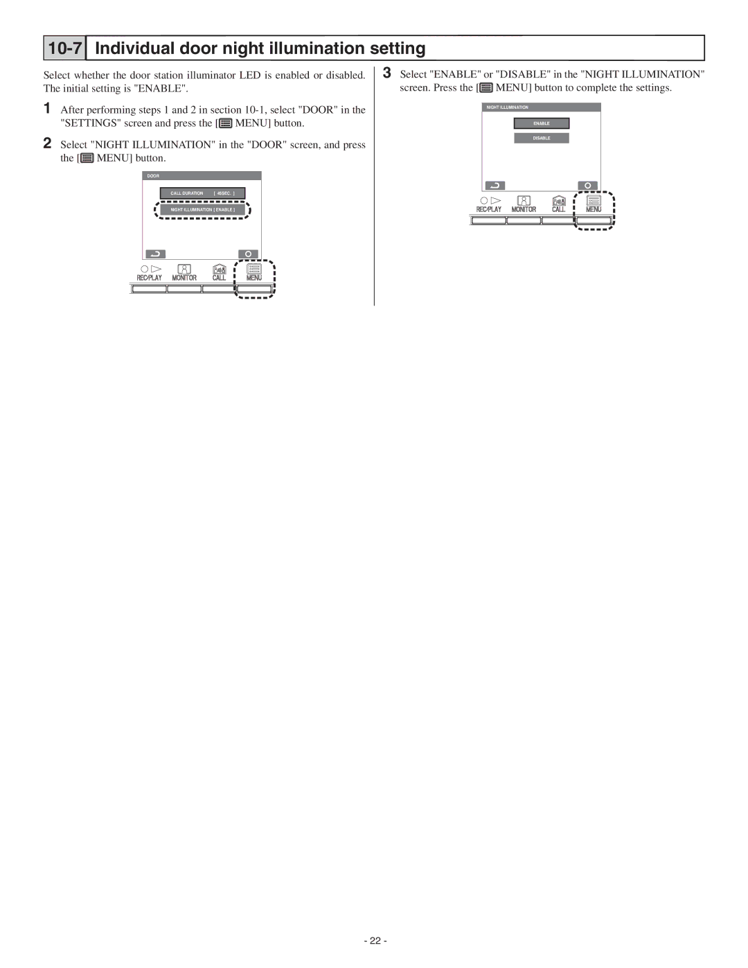 Aiphone GT-2H-L, GT-2C-L operation manual Individual door night illumination setting 