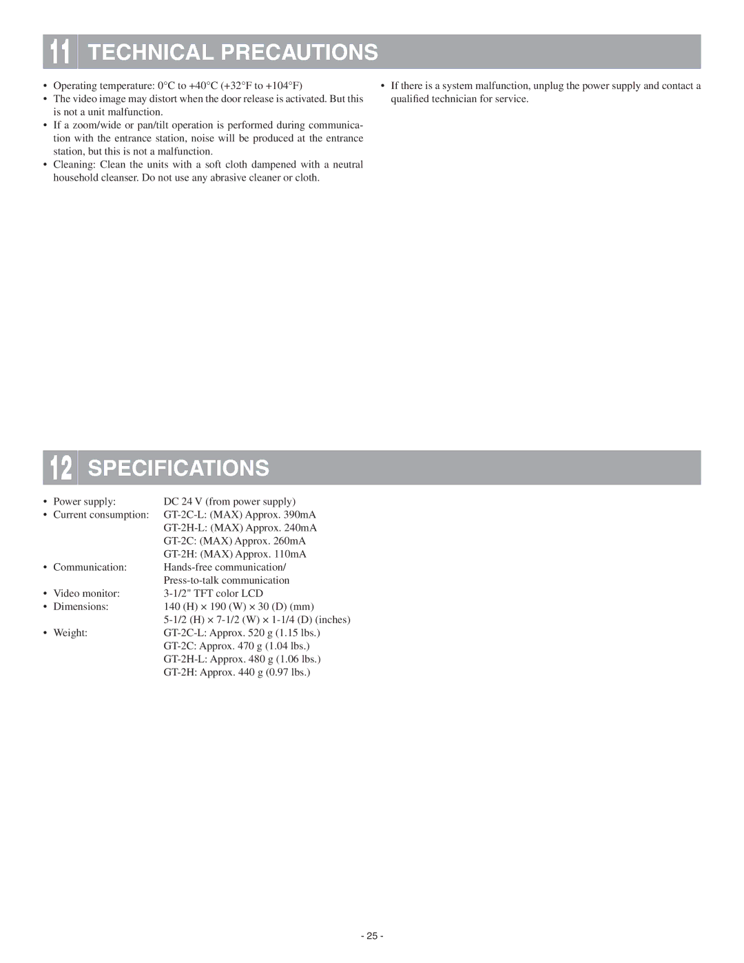 Aiphone GT-2C-L, GT-2H-L operation manual Technical Precautions, Specifications 