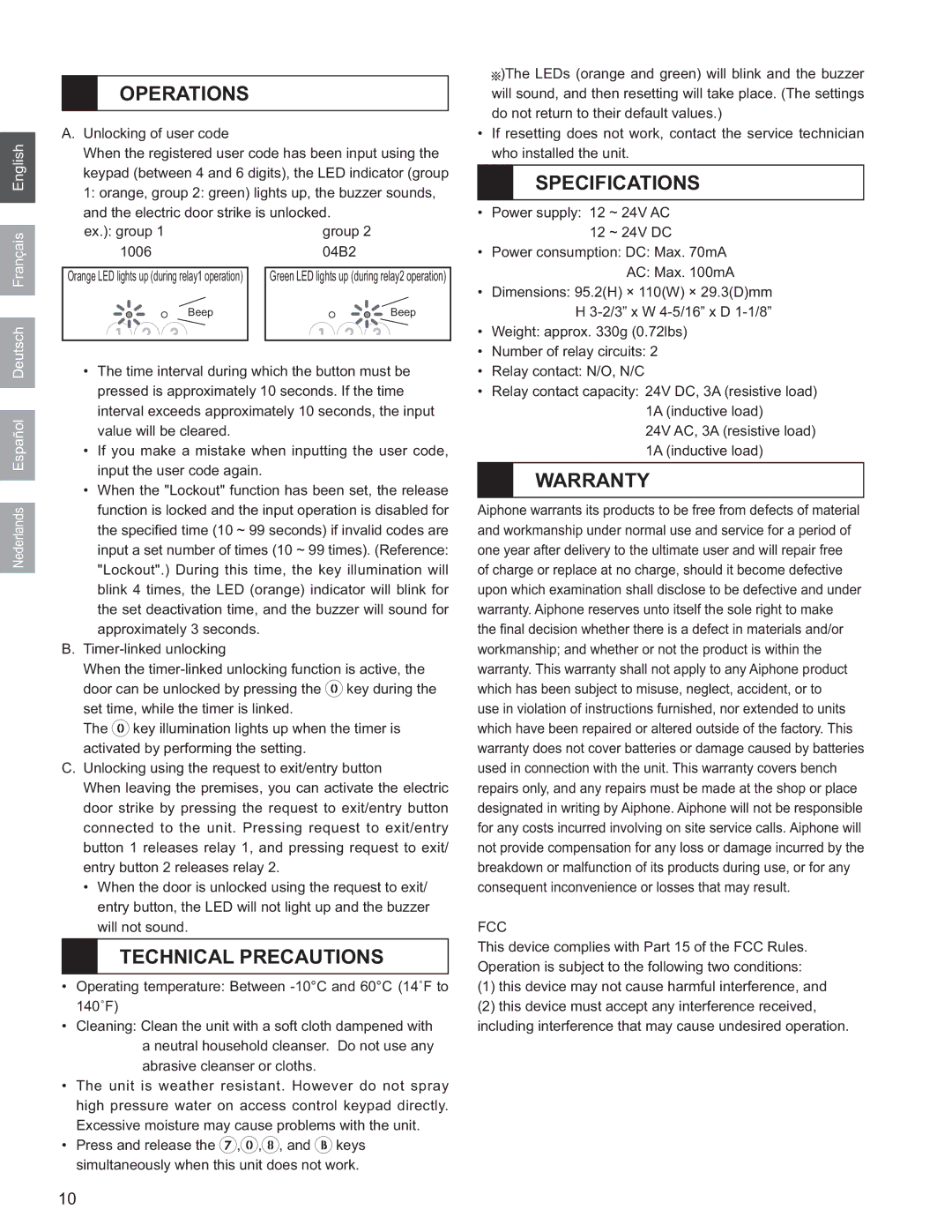 Aiphone GT-AC operation manual Operations, Technical Precautions, Specifications, Warranty, Fcc 