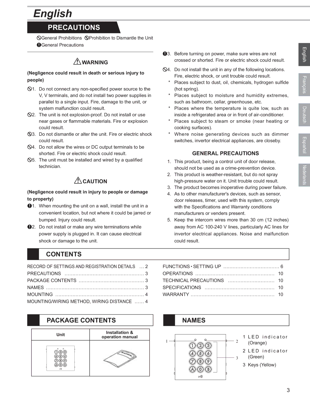 Aiphone GT-AC operation manual Package Contents, Names 