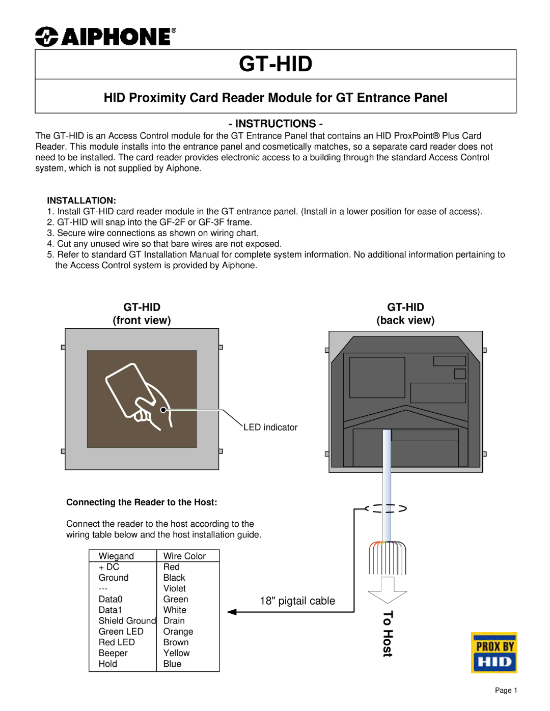 Aiphone GT-HID installation manual HID Proximity Card Reader Module for GT Entrance Panel, To Host, Instructions, Gt-Hid 