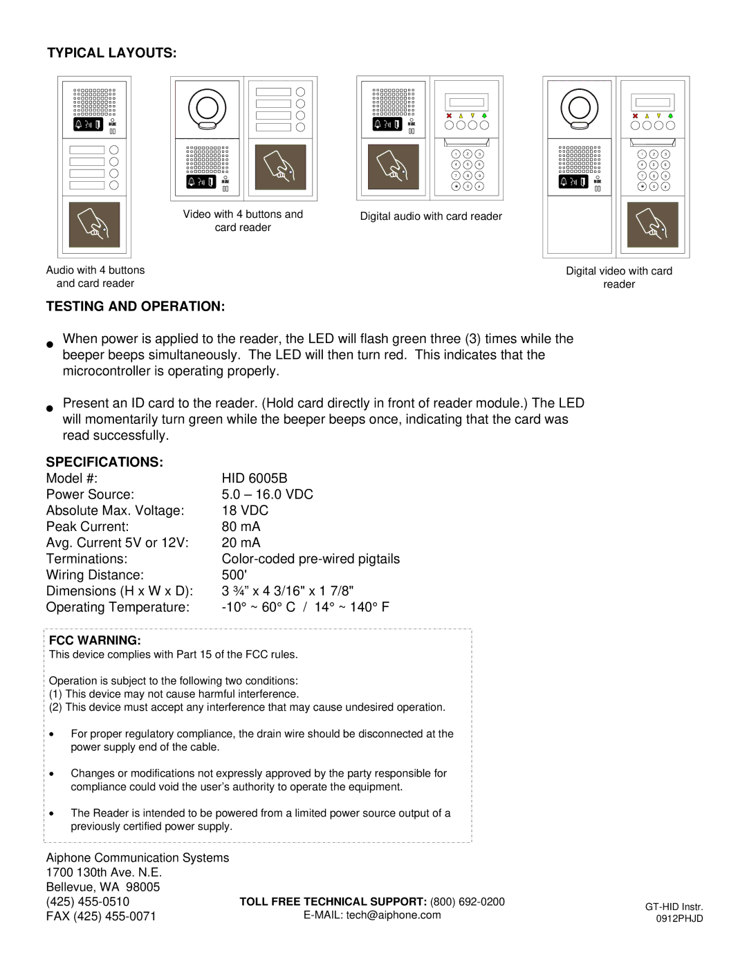 Aiphone GT-HID installation manual Typical Layouts, Testing and Operation, Specifications, FCC Warning 