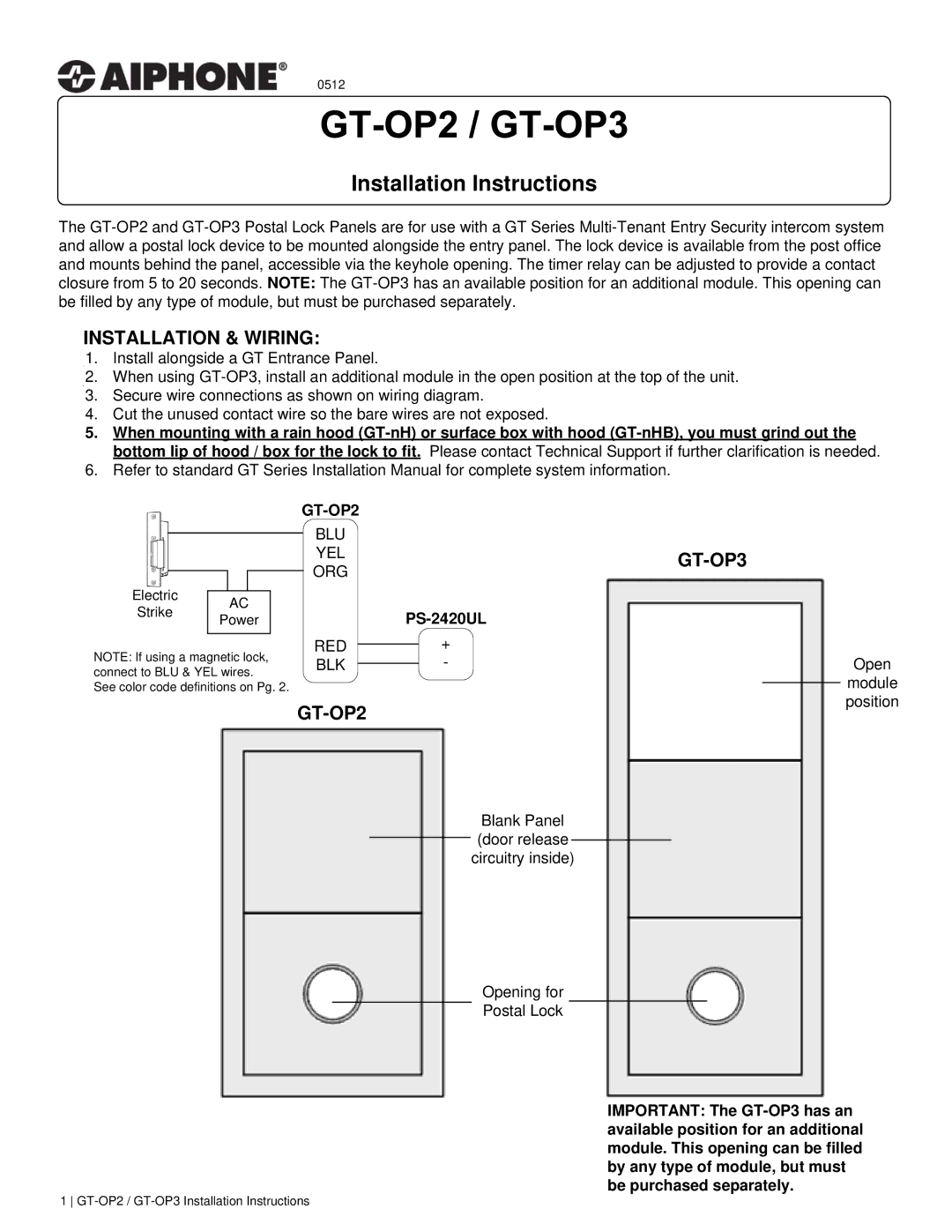 Aiphone gt-op3, gt-op2 installation instructions Installation Instructions, Installation & Wiring, GT-OP2 GT-OP3 