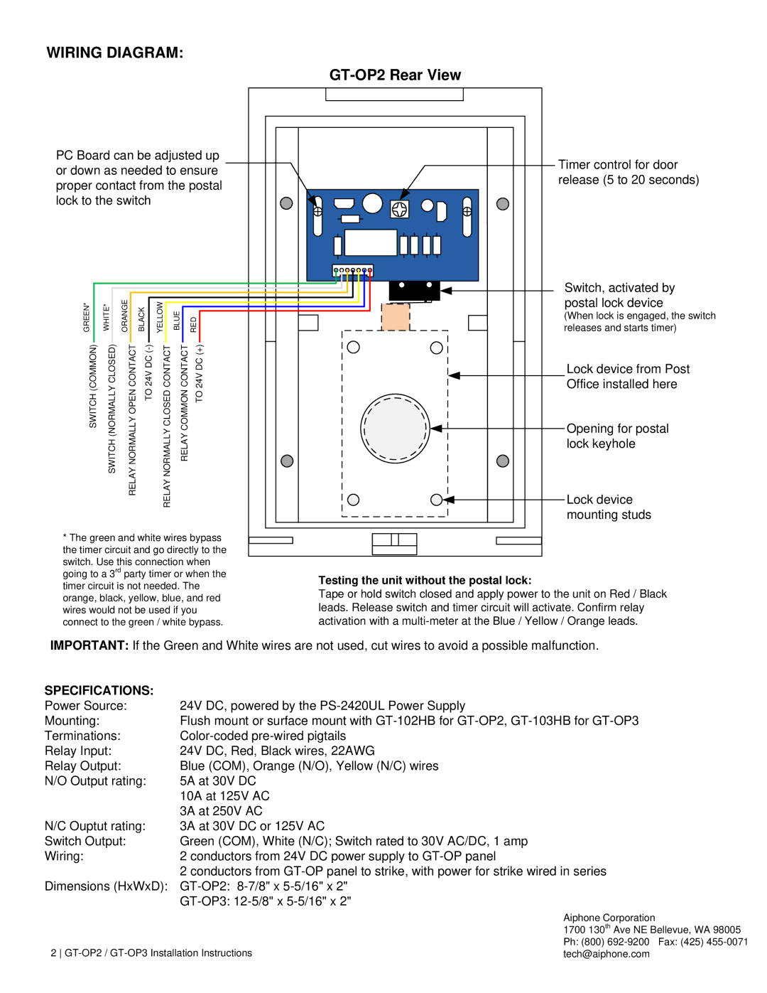 Aiphone gt-op2, gt-op3 Wiring Diagram, GT-OP2 Rear View, Specifications, Testing the unit without the postal lock 