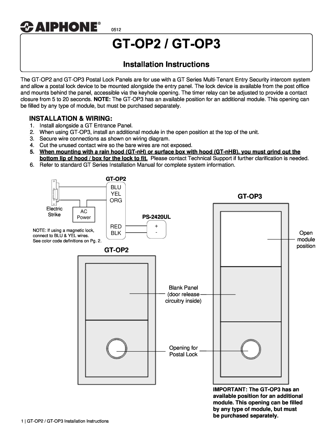 Aiphone gt-op3 installation instructions Installation & Wiring, GT-OP2, GT-OP3, PS-2420UL, Installation Instructions 