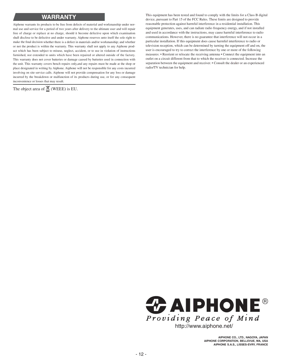 Aiphone GTW-LC service manual Warranty 