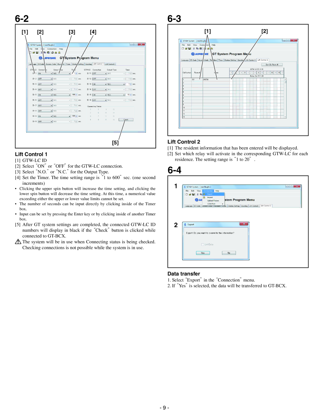 Aiphone GTW-LC service manual Lift Control, Data transfer 