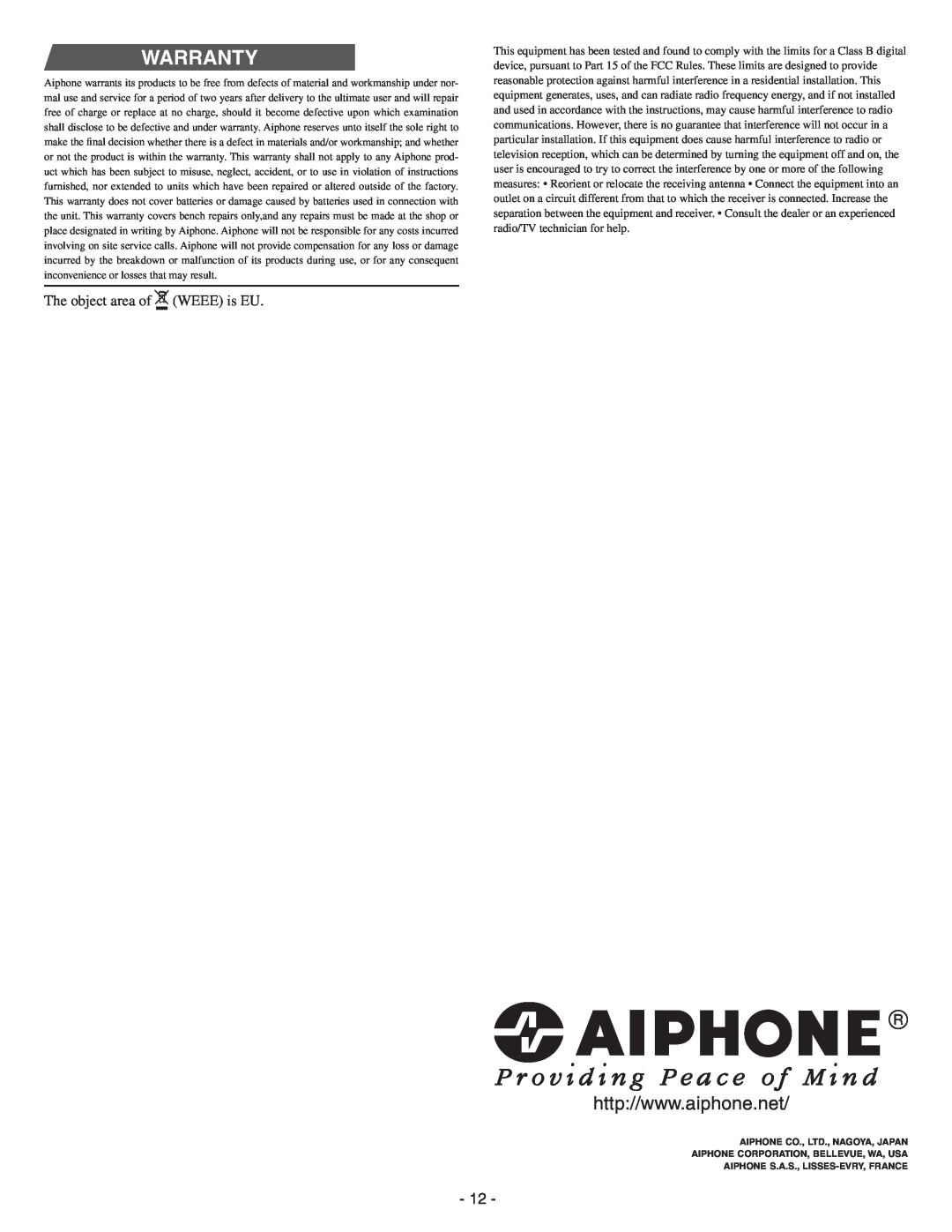 Aiphone GTW-LC service manual Warranty, The object area of WEEE is EU 