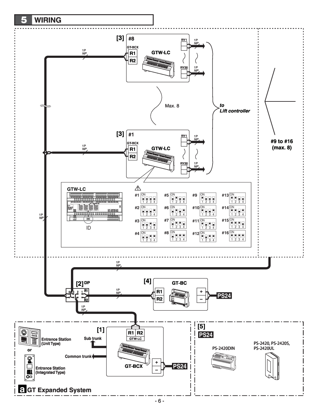 Aiphone GTW-LC service manual Wiring, a GT Expanded System, #9 to #16 max, Gtw-Lc, R1 R2, Gt-Bcx, PS24, Lift controller 