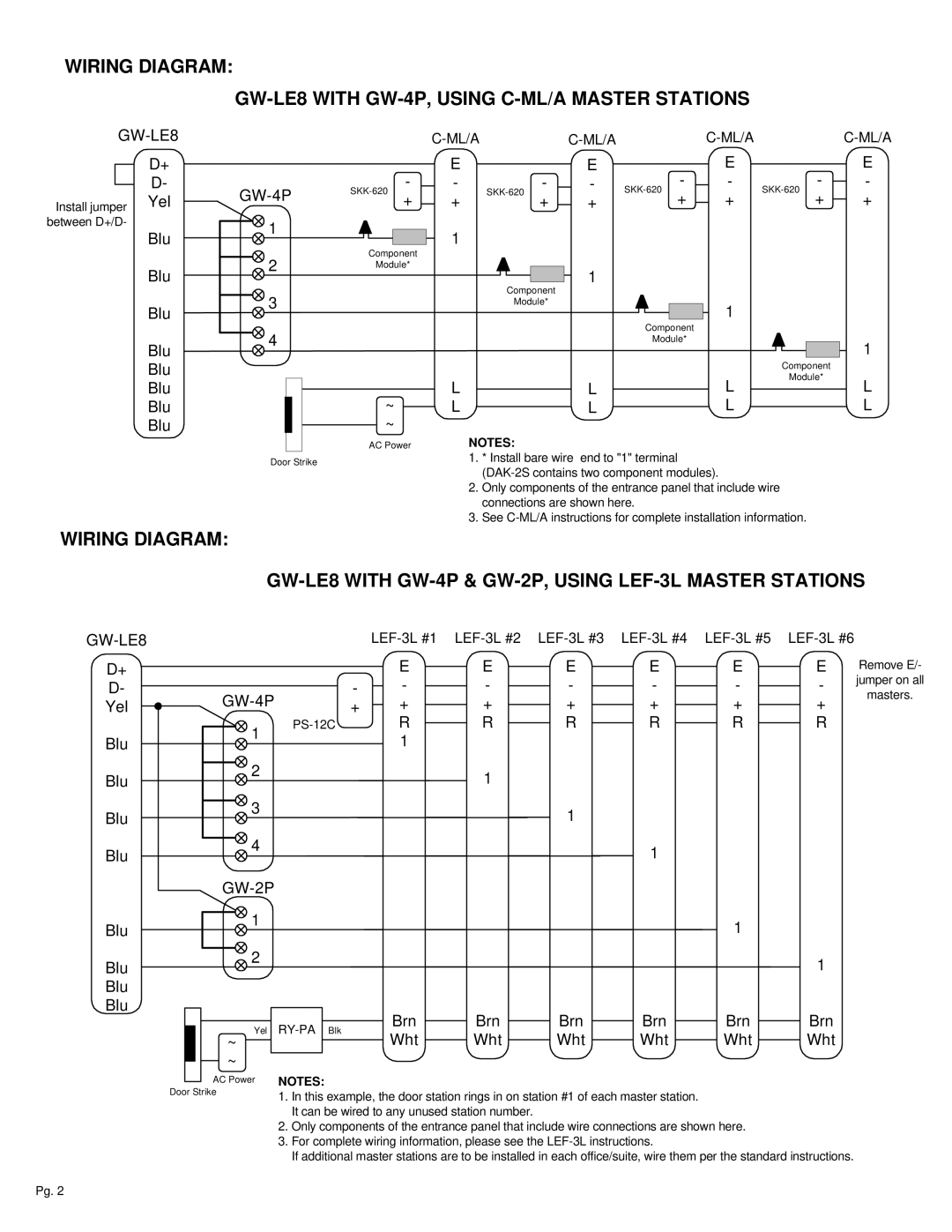 Aiphone manual Wiring Diagram, GW-LE8 with GW-4P, Using C-ML/A Master Stations, Yel Blu, Brn, Wht 