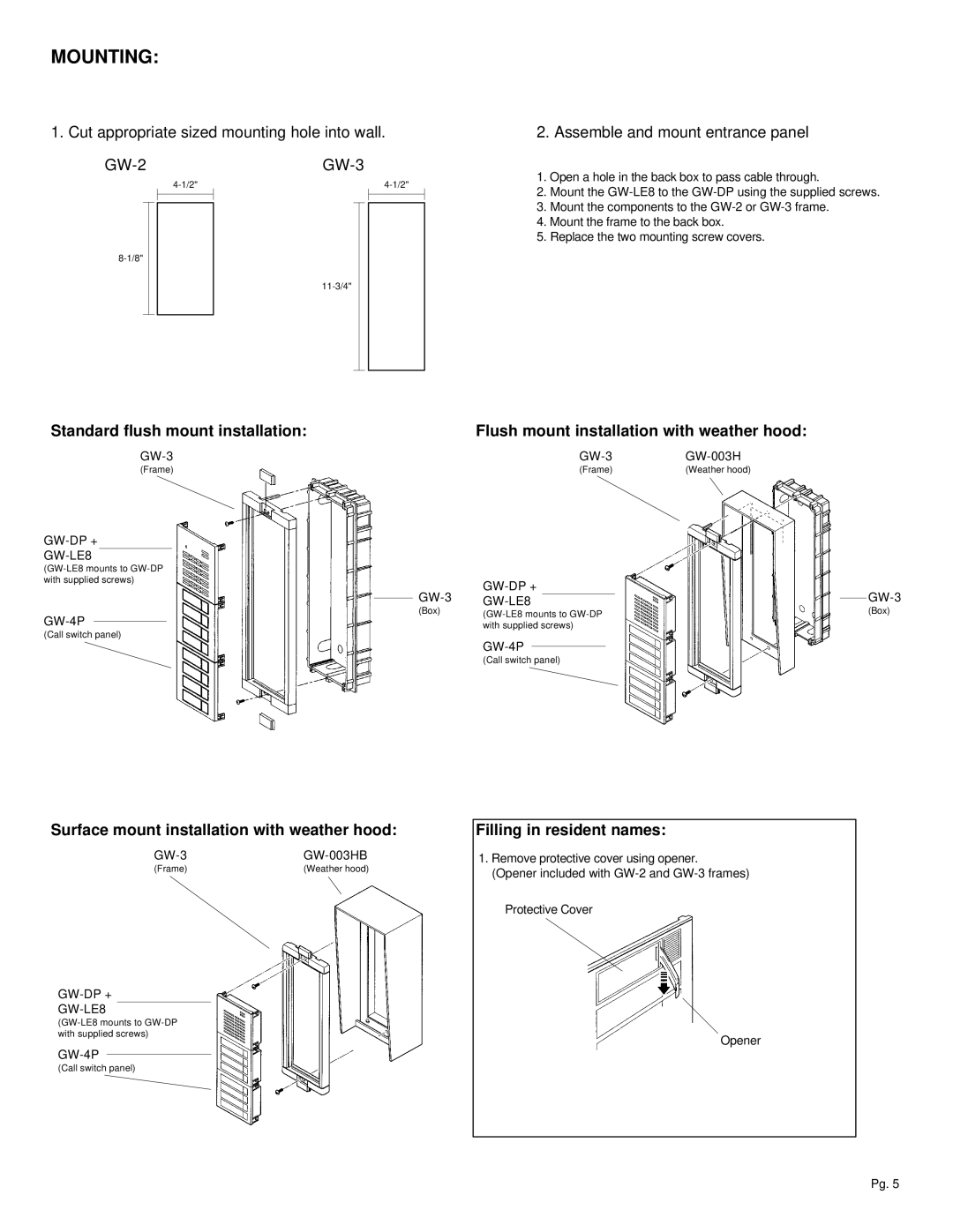 Aiphone GW-LE8 manual Mounting, Standard flush mount installation, Flush mount installation with weather hood 