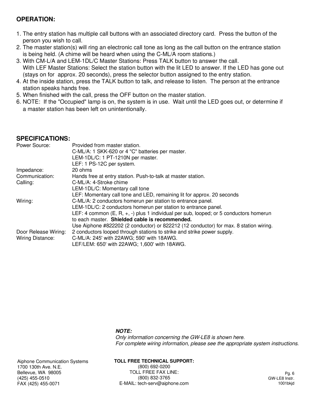 Aiphone GW-LE8 manual Operation, Specifications, To each master. Shielded cable is recommended 