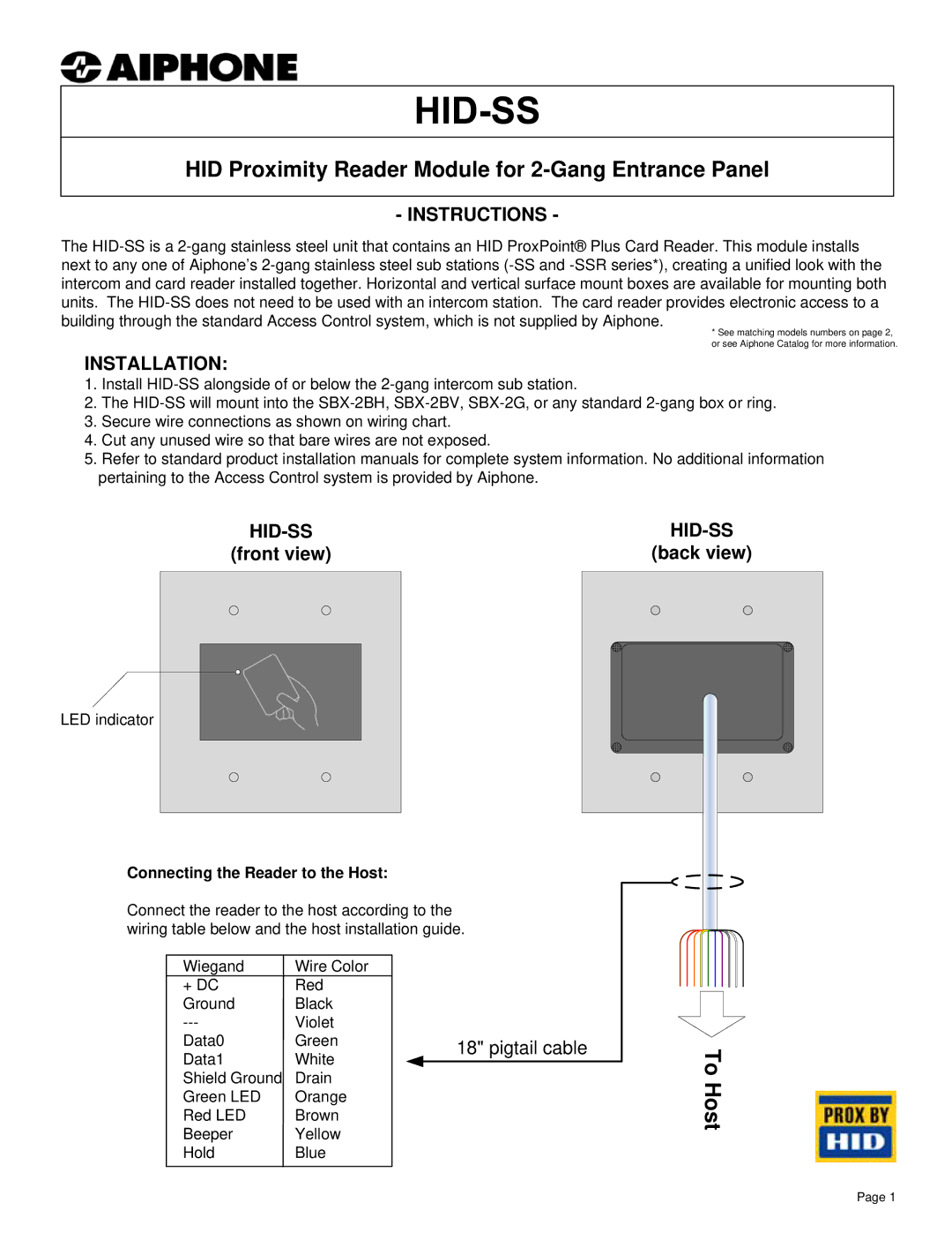 Aiphone HID-SS installation manual HID Proximity Reader Module for 2-Gang Entrance Panel, To Host, Instructions, Hid-Ss 