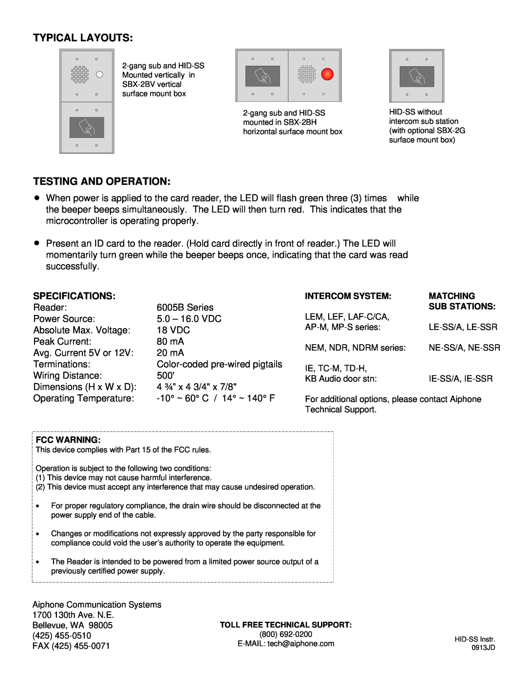 Aiphone HID-SS installation manual Typical Layouts, Testing And Operation, Specifications 