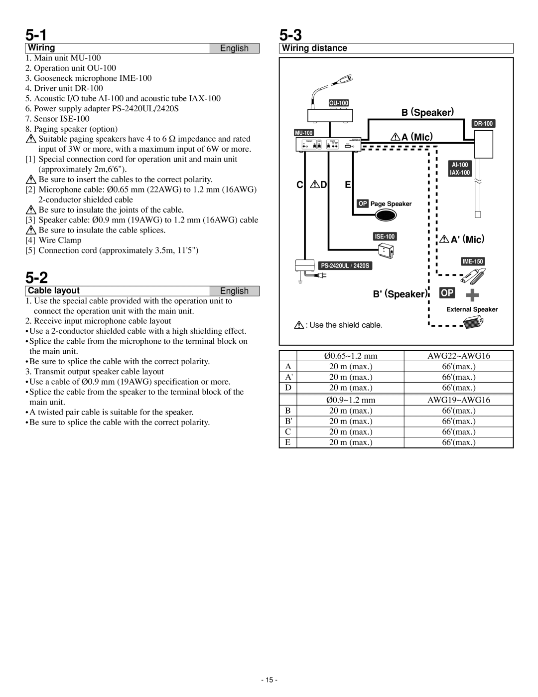 Aiphone ISE-100, Iai-100, IME-100, IME-150, IMU-100, IAX-100 Cable layout, Wiring distance, B Speaker, A Mic, English 