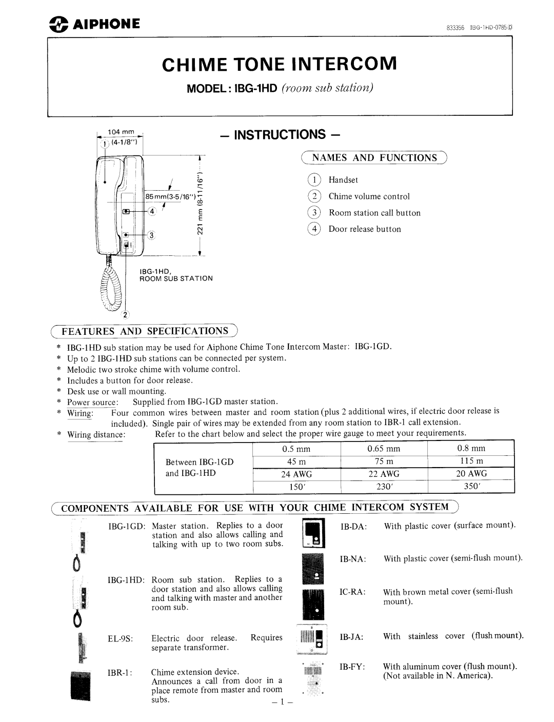 Aiphone IBG-1HD manual 