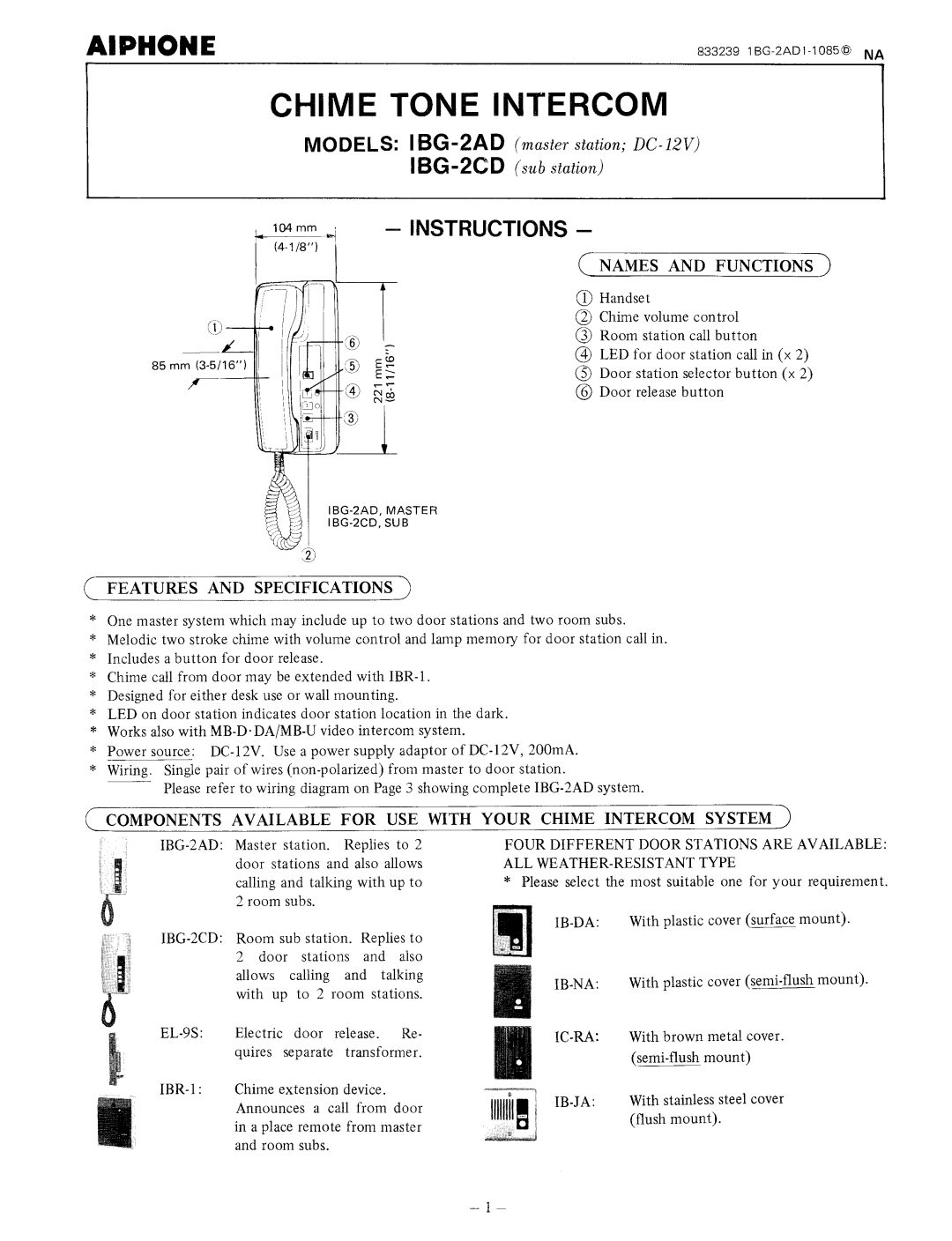 Aiphone IBG-2CD, IBG-2AD manual 