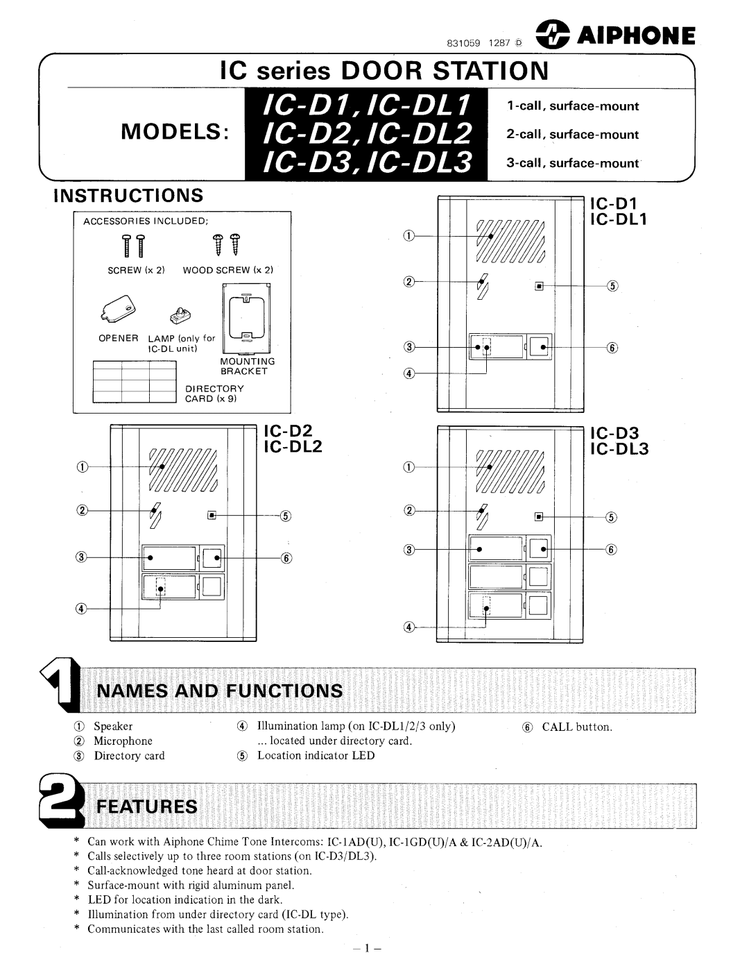 Aiphone IC-DL3, IC-D1, IC-D2, IC-DL1, IC-D3, IC-DL2 manual 