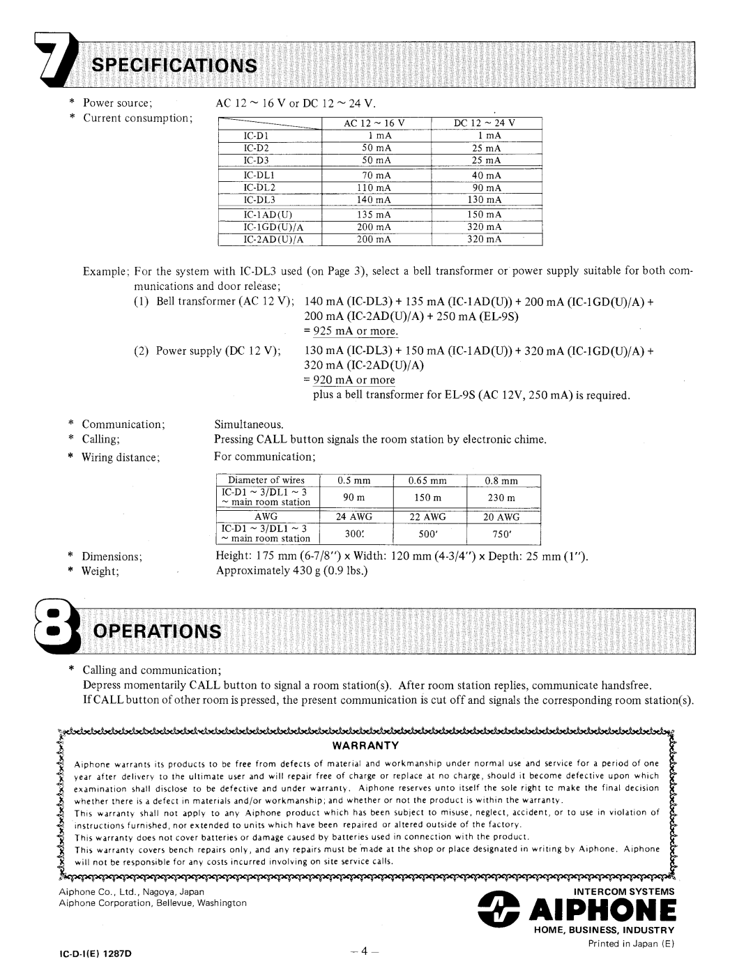 Aiphone IC-D3, IC-D1, IC-DL3, IC-D2, IC-DL1, IC-DL2 manual 