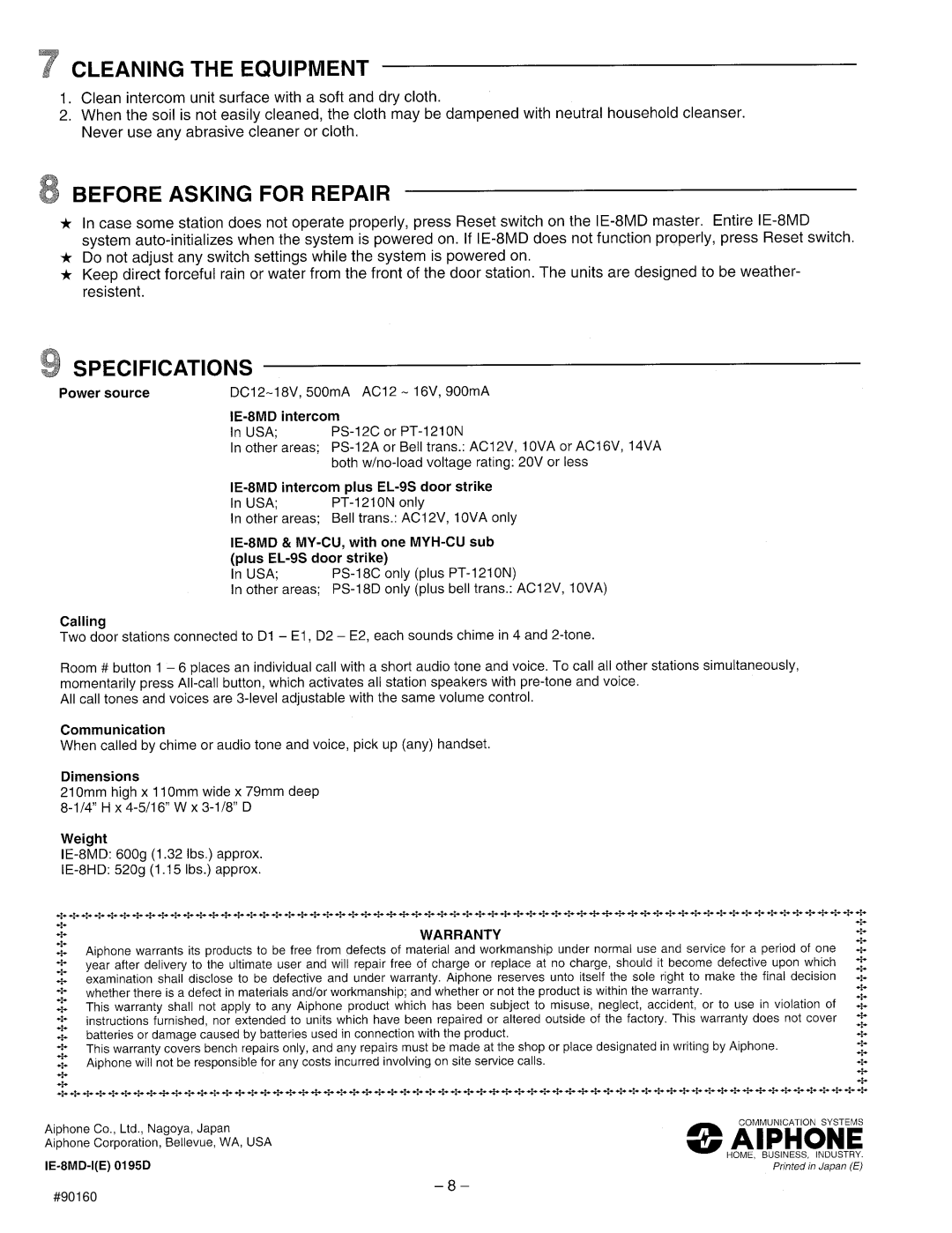 Aiphone IE-8MD manual 