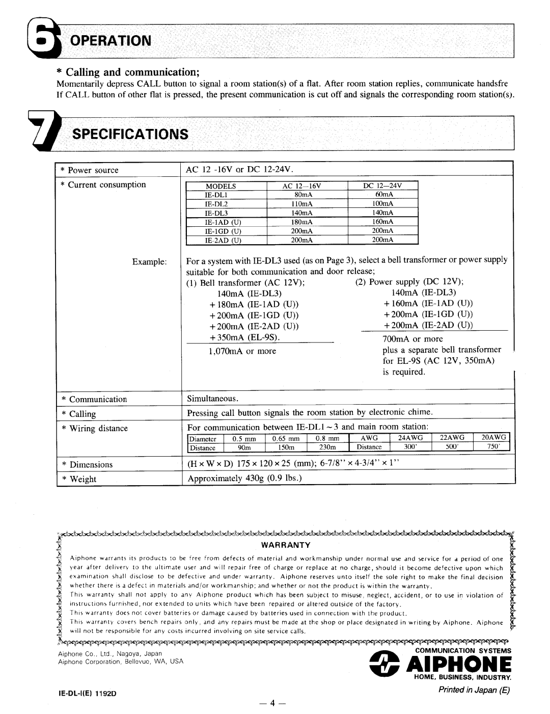 Aiphone IE-DL1 manual 