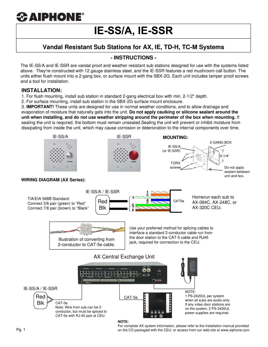 Aiphone IE-SS/A, IE-SSR installation manual Instructions, Installation, Red, Blk, AX Central Exchange Unit 