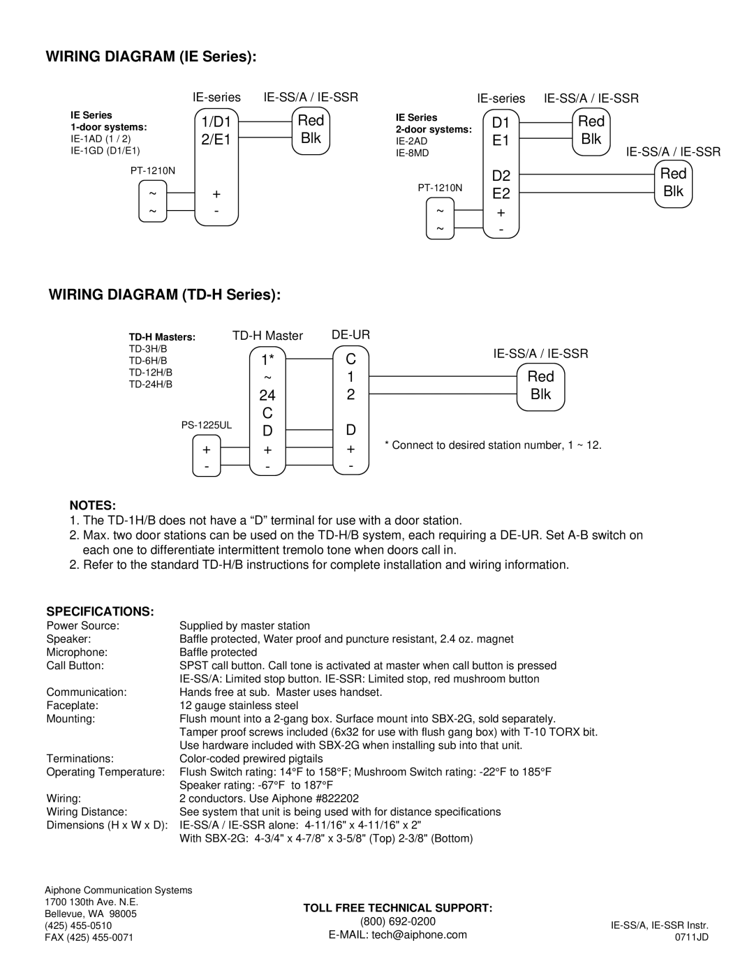 Aiphone IE-SSR, IE-SS/A installation manual Wiring Diagram IE Series, ~ +, Wiring Diagram TD-H Series, Specifications 