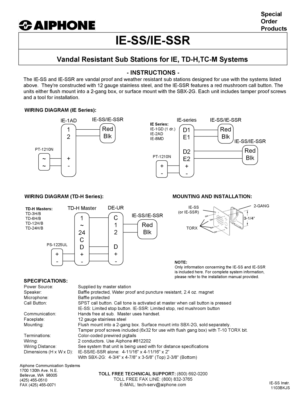 Aiphone IE-SSR installation manual Ie-Ss/Ie-Ssr, Vandal Resistant Sub Stations for IE, TD-H,TC-M Systems, Instructions 