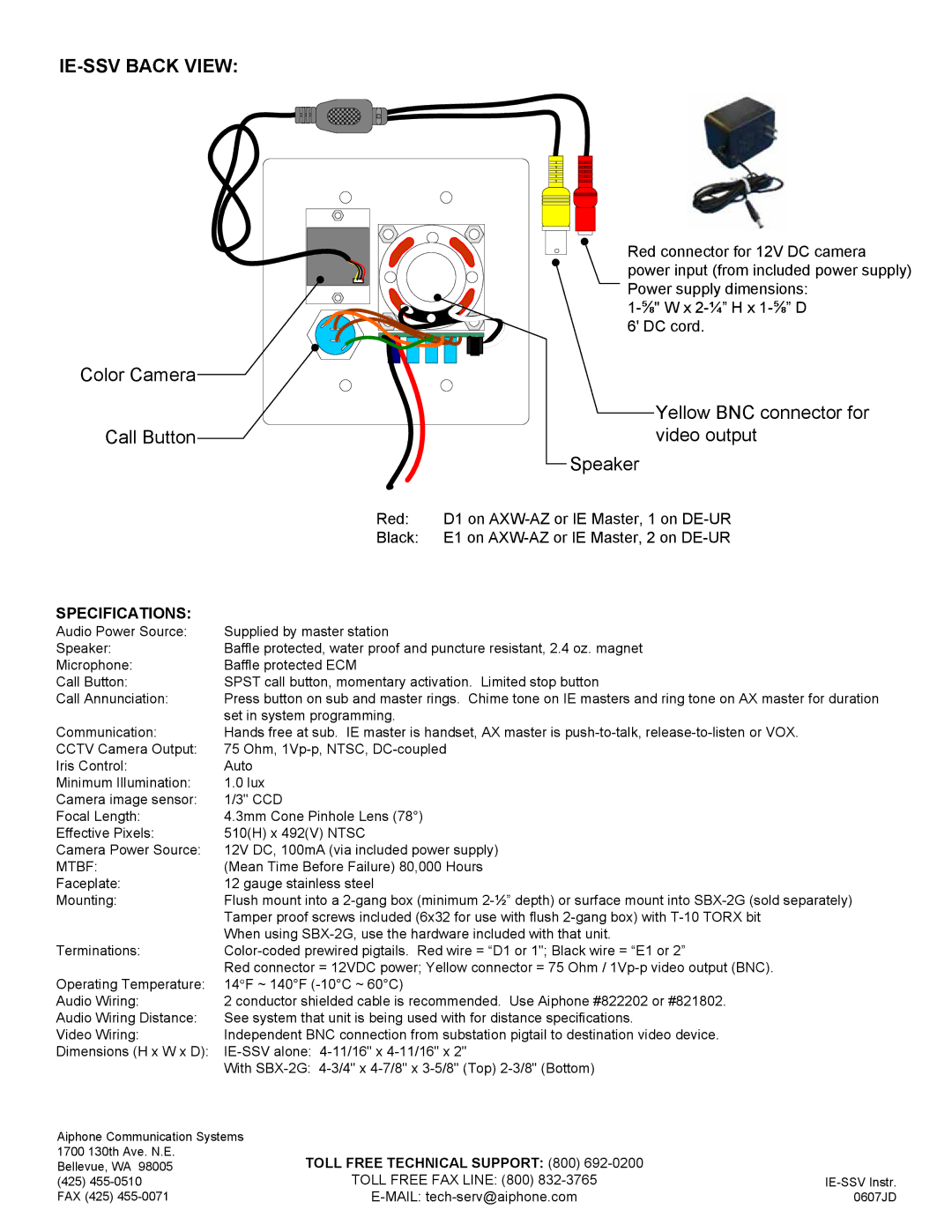 Aiphone ie-ssv IE-SSV Back View, Color Camera Call Button, Yellow BNC connector for video output Speaker, Specifications 